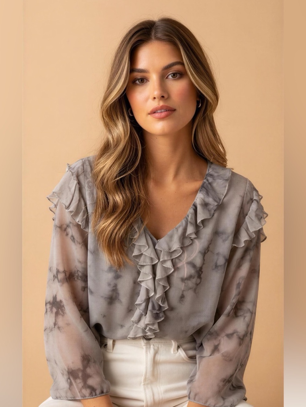 👀‼️Thomas Wylde Gray Sheer Ruffled Blouse